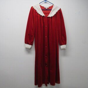 Vtg Vandemere Red Velvet Lace Collar Pearly Button House Dress Robe M Mrs Claus